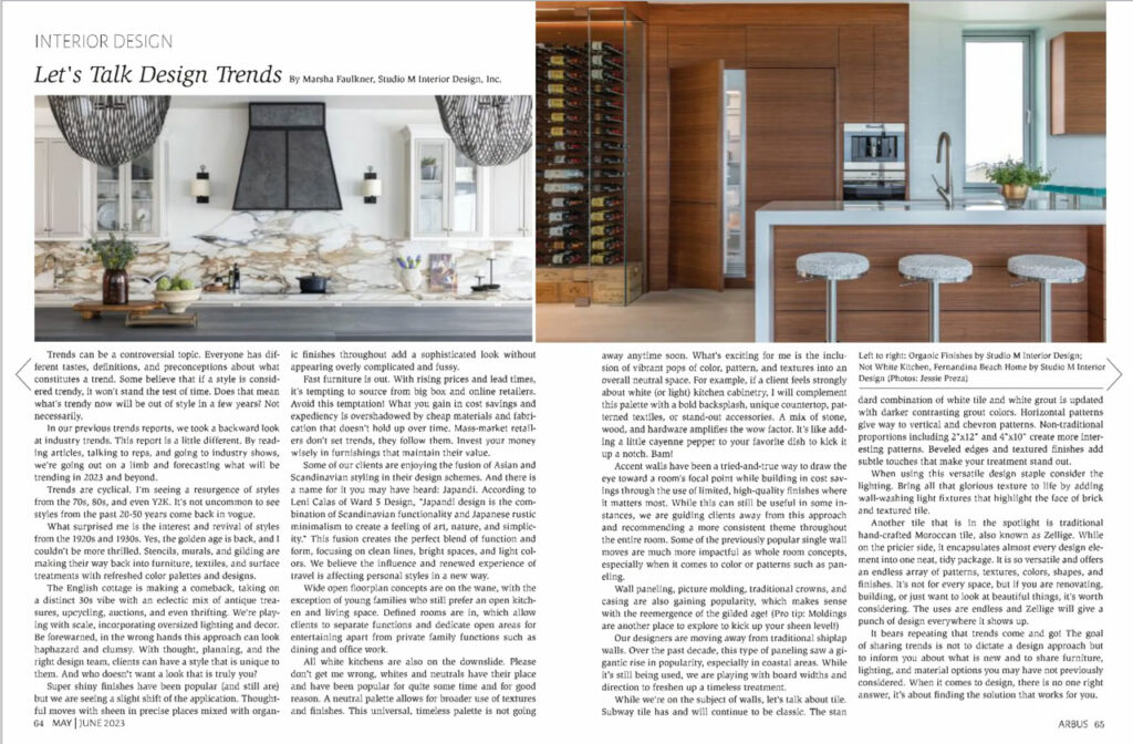 Arbus Magazine featuring Art and Architecture May 2023 with an article by Marsha Faulkner on Interior Design trends
